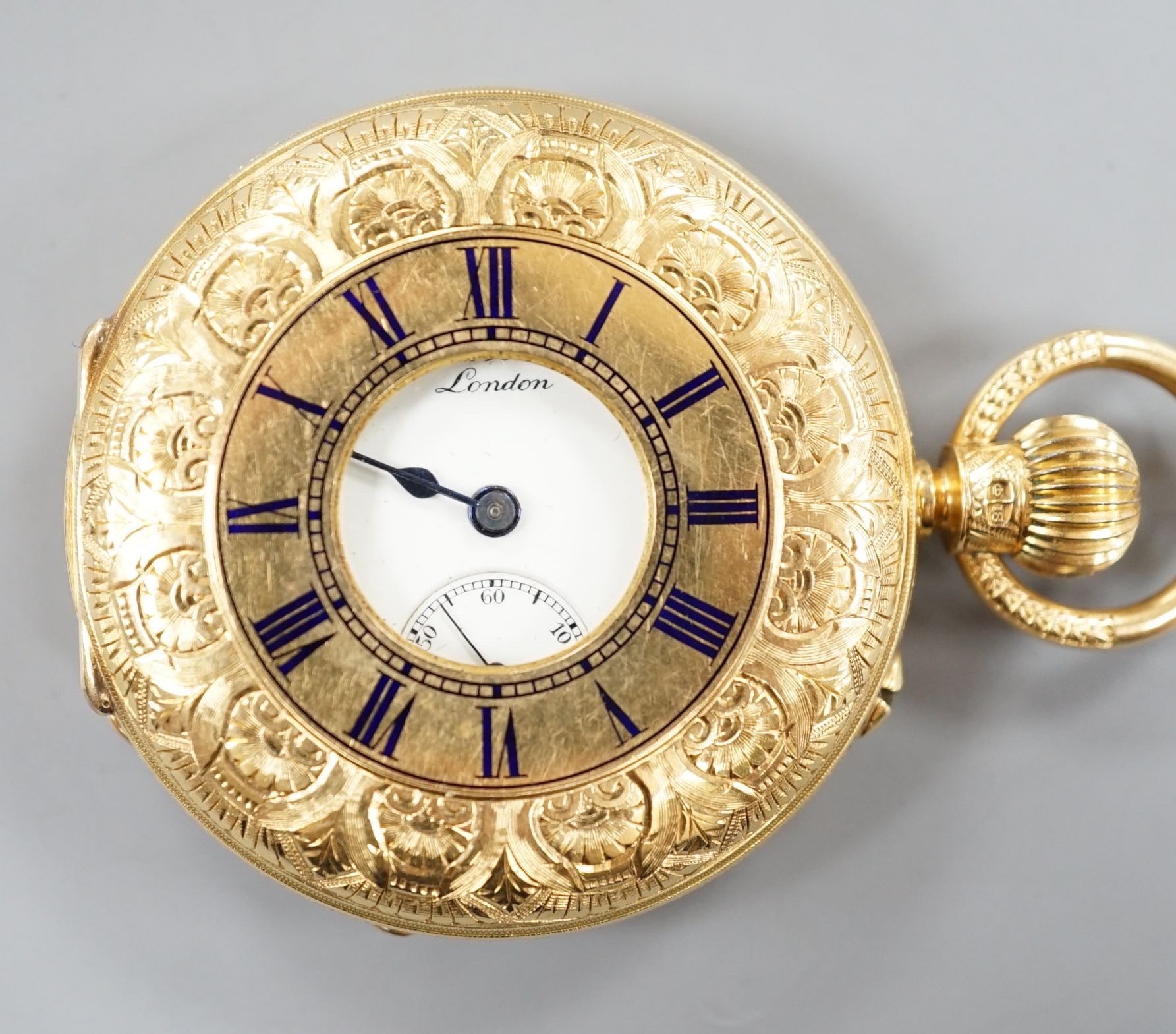 An Edwardian engraved 18ct gold half hunter keyless pocket watch, by J.W. Benson, with Roman dial and subsidiary seconds